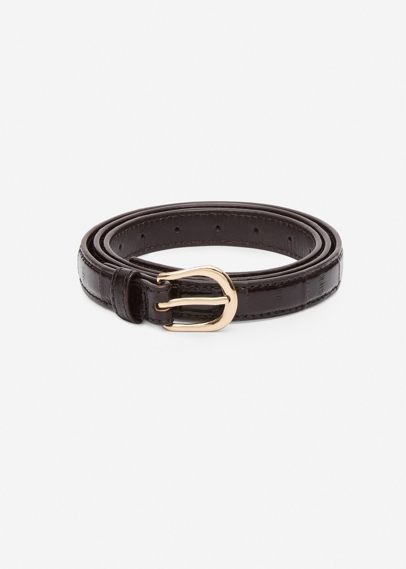 Rounded buckle leather belt in brown and gold 1