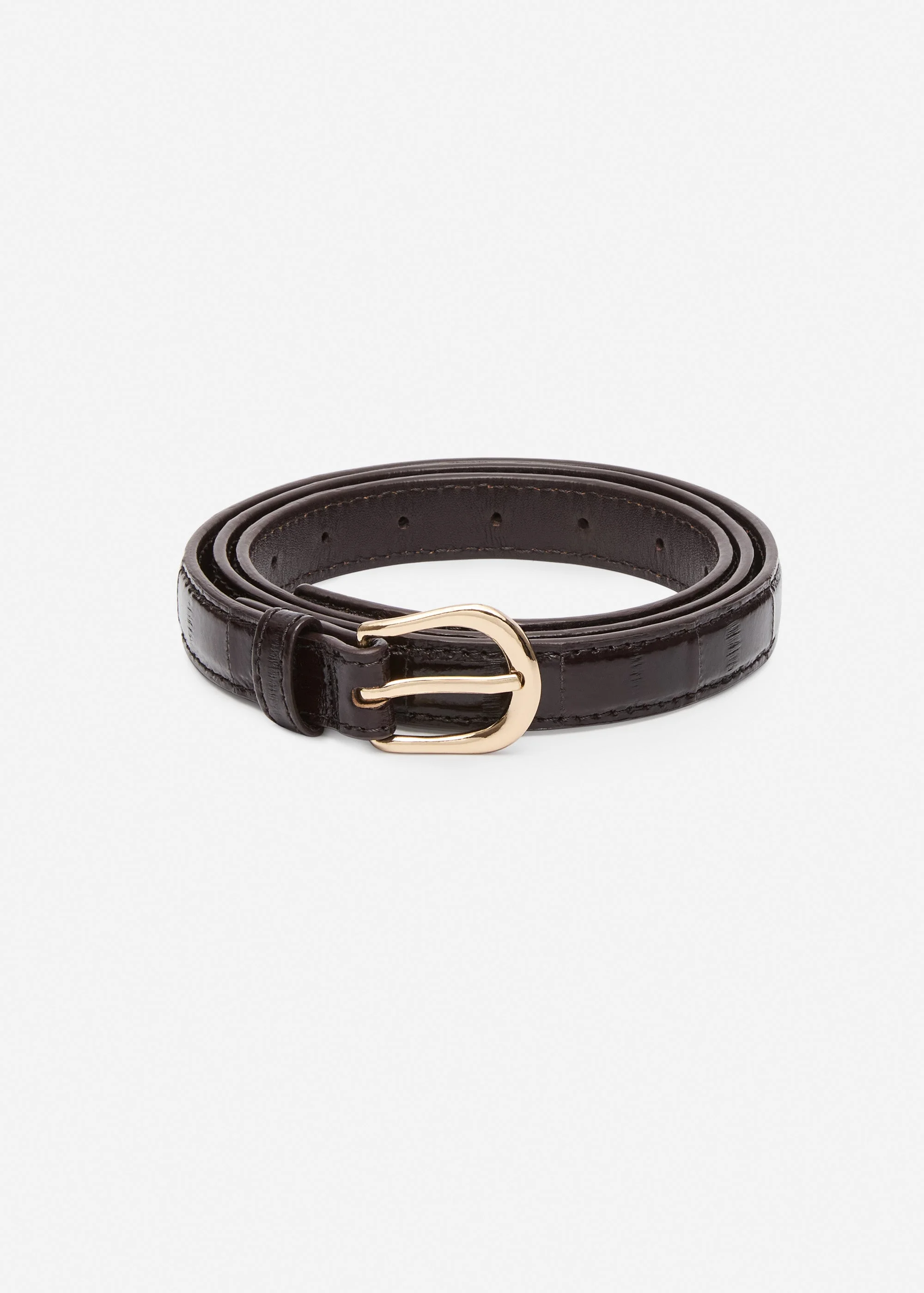 Rounded buckle leather belt in brown and gold - 1