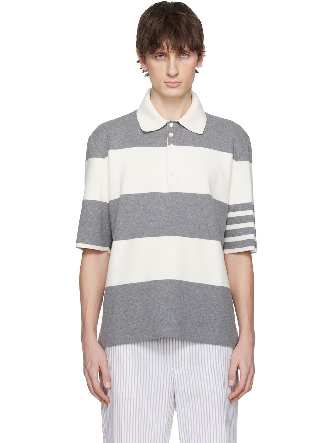 Gray & Off-White Rugby Stripe Milano Stitch SS Polo - 1