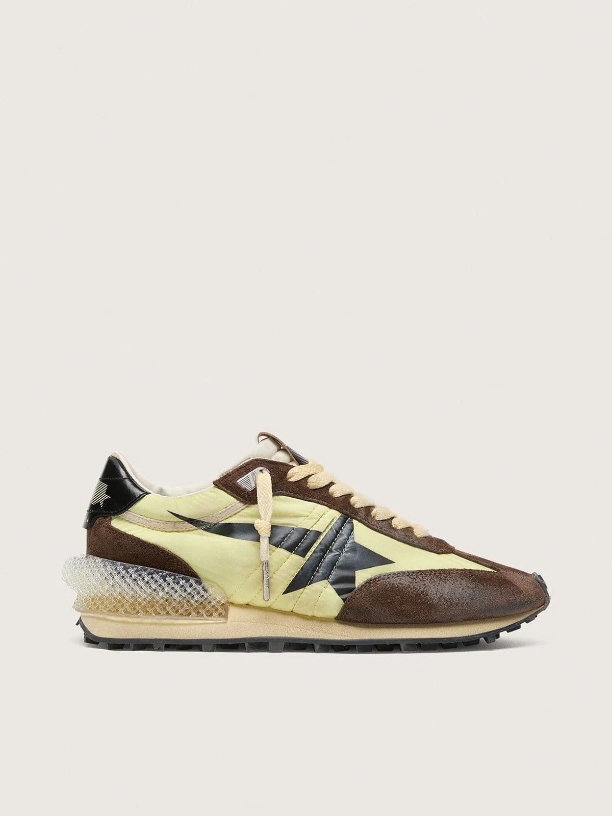Women’s Marathon in lime-green nylon with black star and brown suede inserts - 1