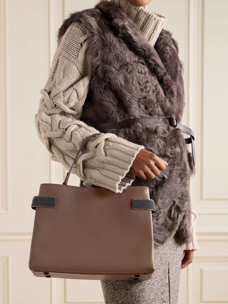 Brunello Cucinelli Bead-embellished leather shoulder bag Brown outlook