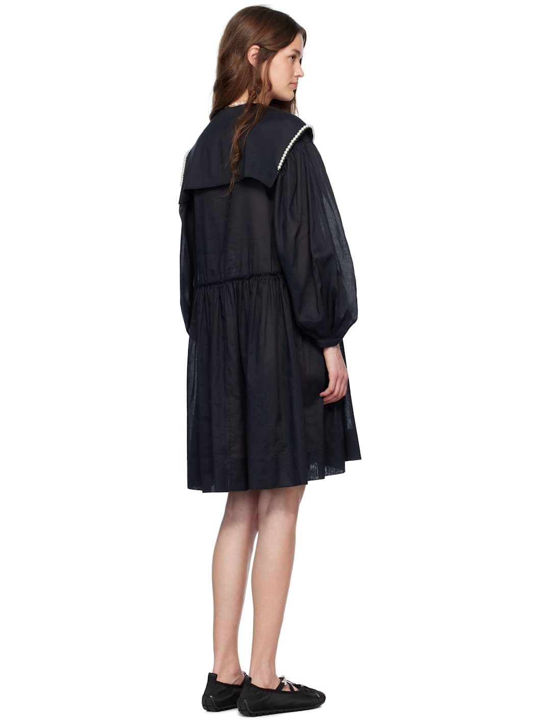 Black Beaded Sailor Collar Shirt Minidress - 3