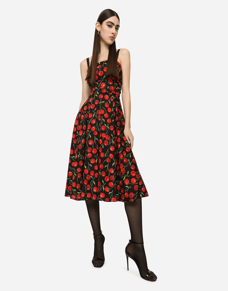 Cherry-print charmeuse calf-length dress - 5