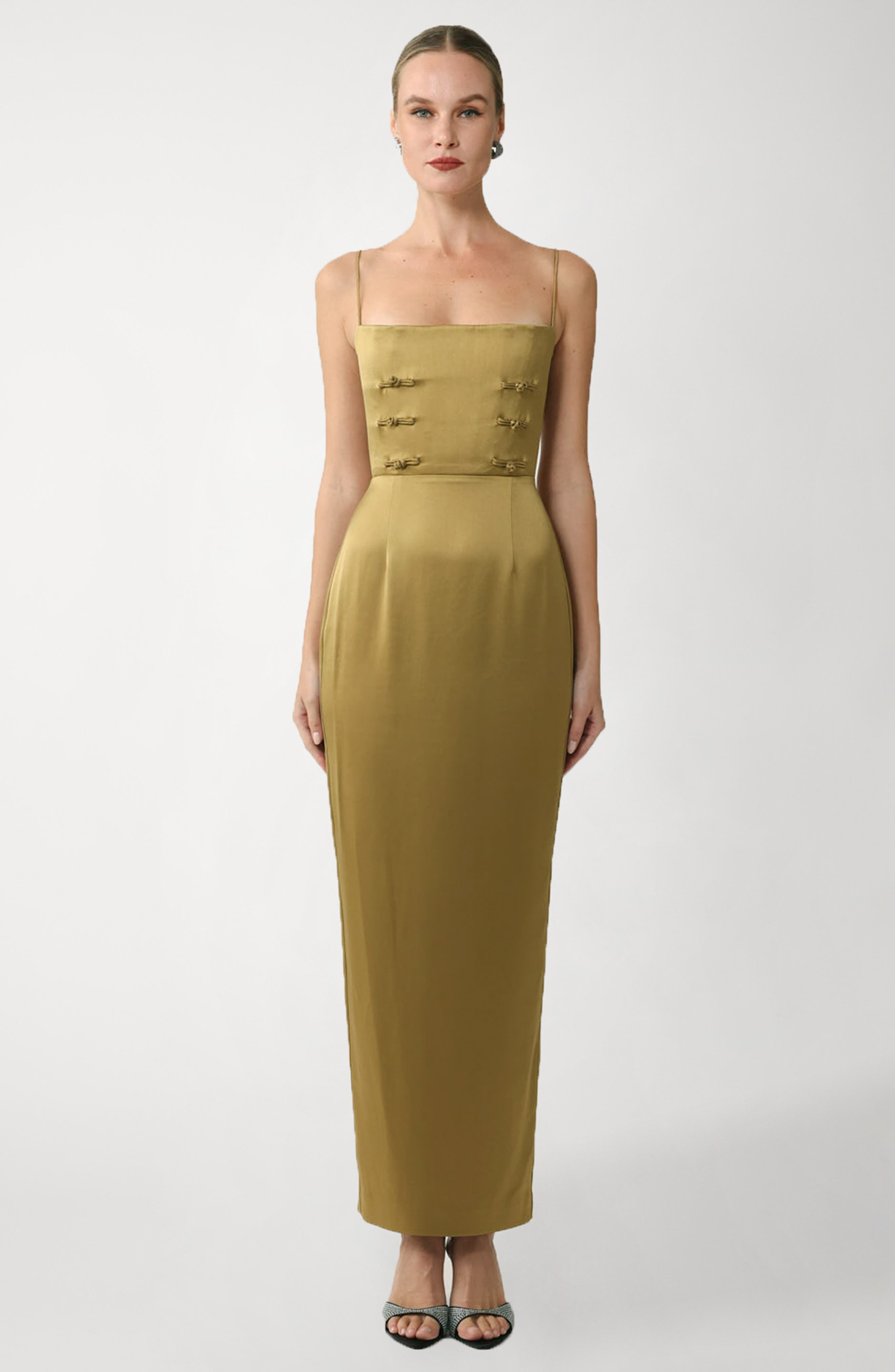 SAU LEE Taylor Knot Detail Satin Column Gown in Golden Olive at Nordstrom - 4