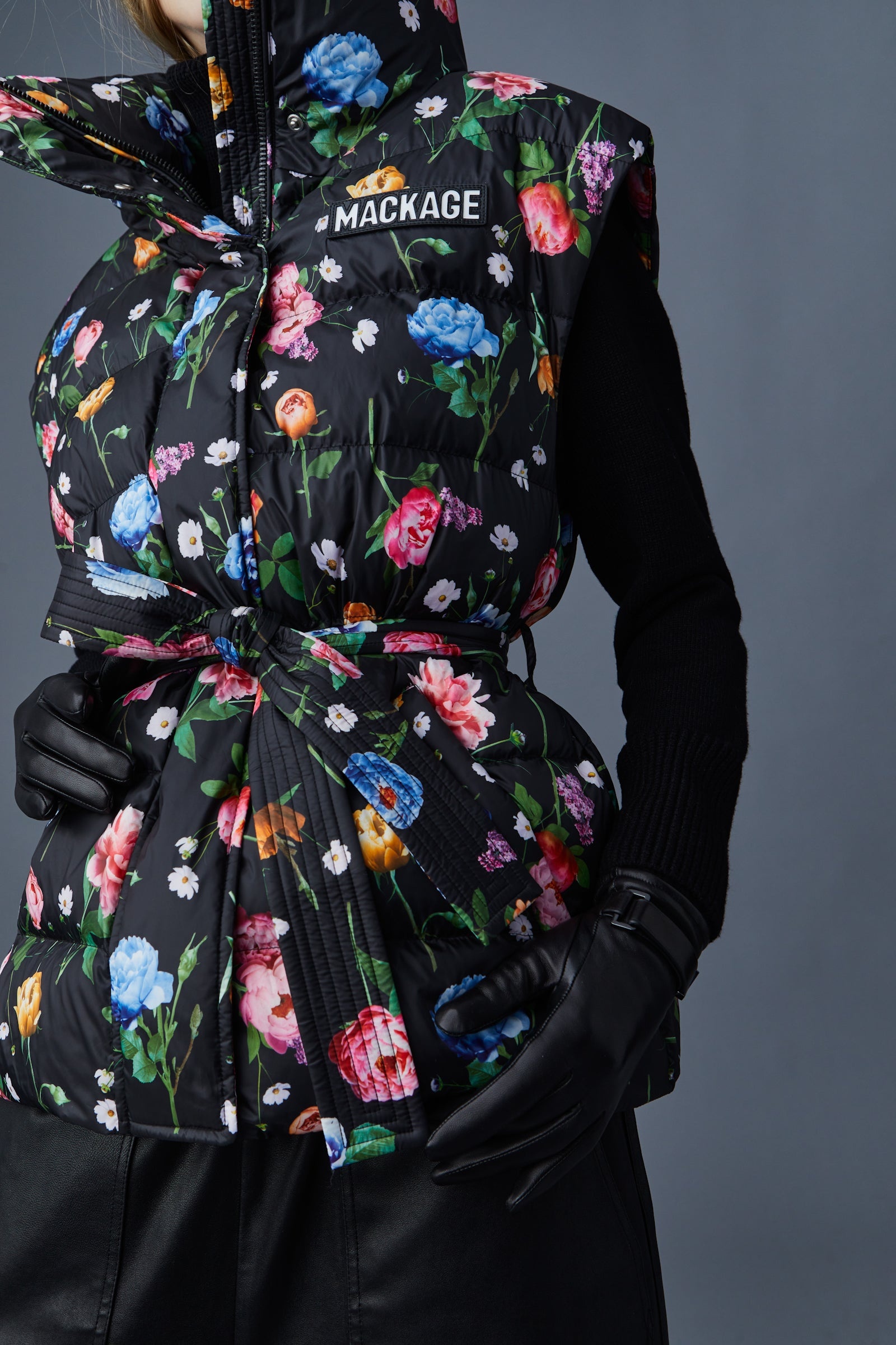 ZERINA duvet down floral vest with belt - 6