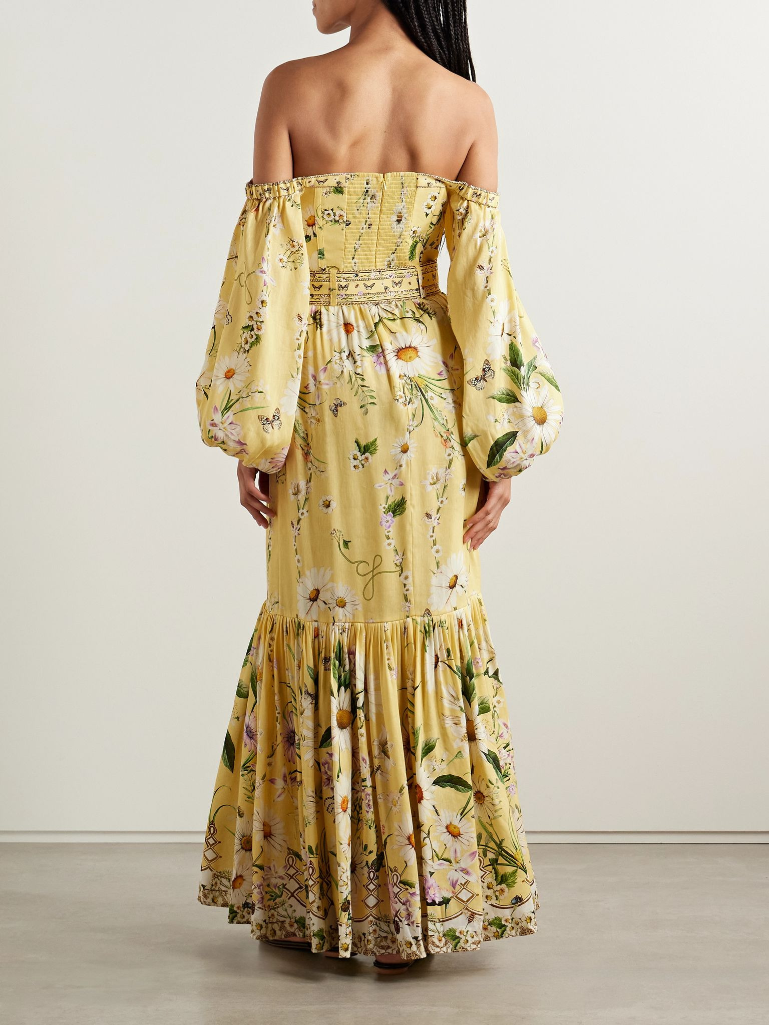 Off-the-shoulder gathered floral-print linen and silk-blend maxi dress Yellow - 3
