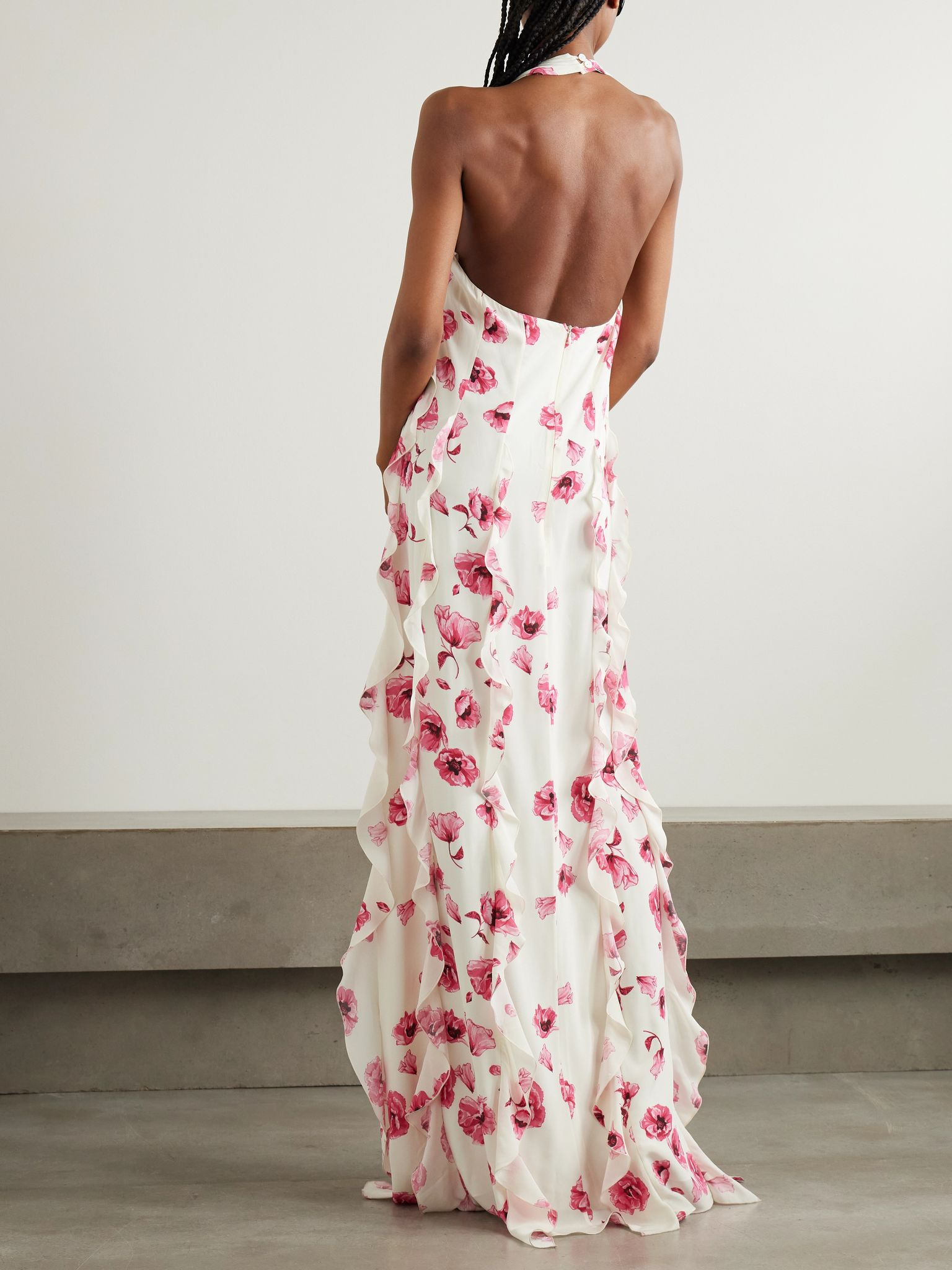 Fleurine ruffled floral-print silk crepe de chine halterneck gown White - 3
