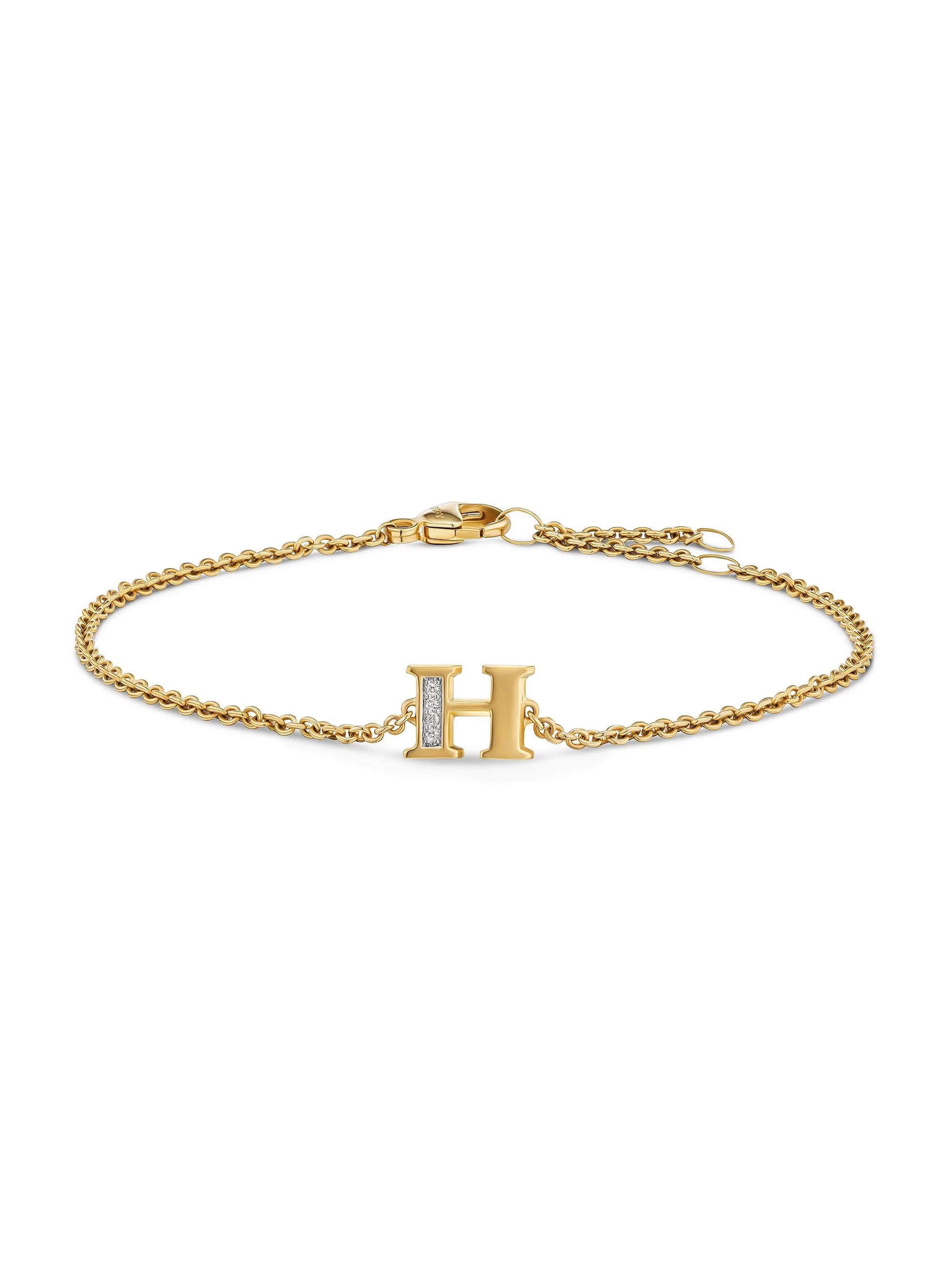 Women's Petite Pavé Initial Chain Bracelet in 18K Yellow Gold - Initial H - 1