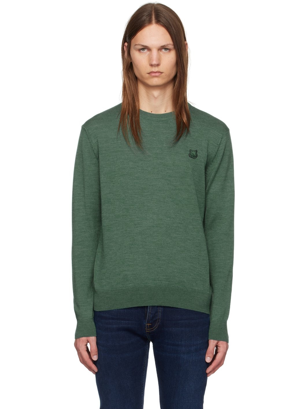 Green Bold Fox Head Patch Regular Sweater - 1