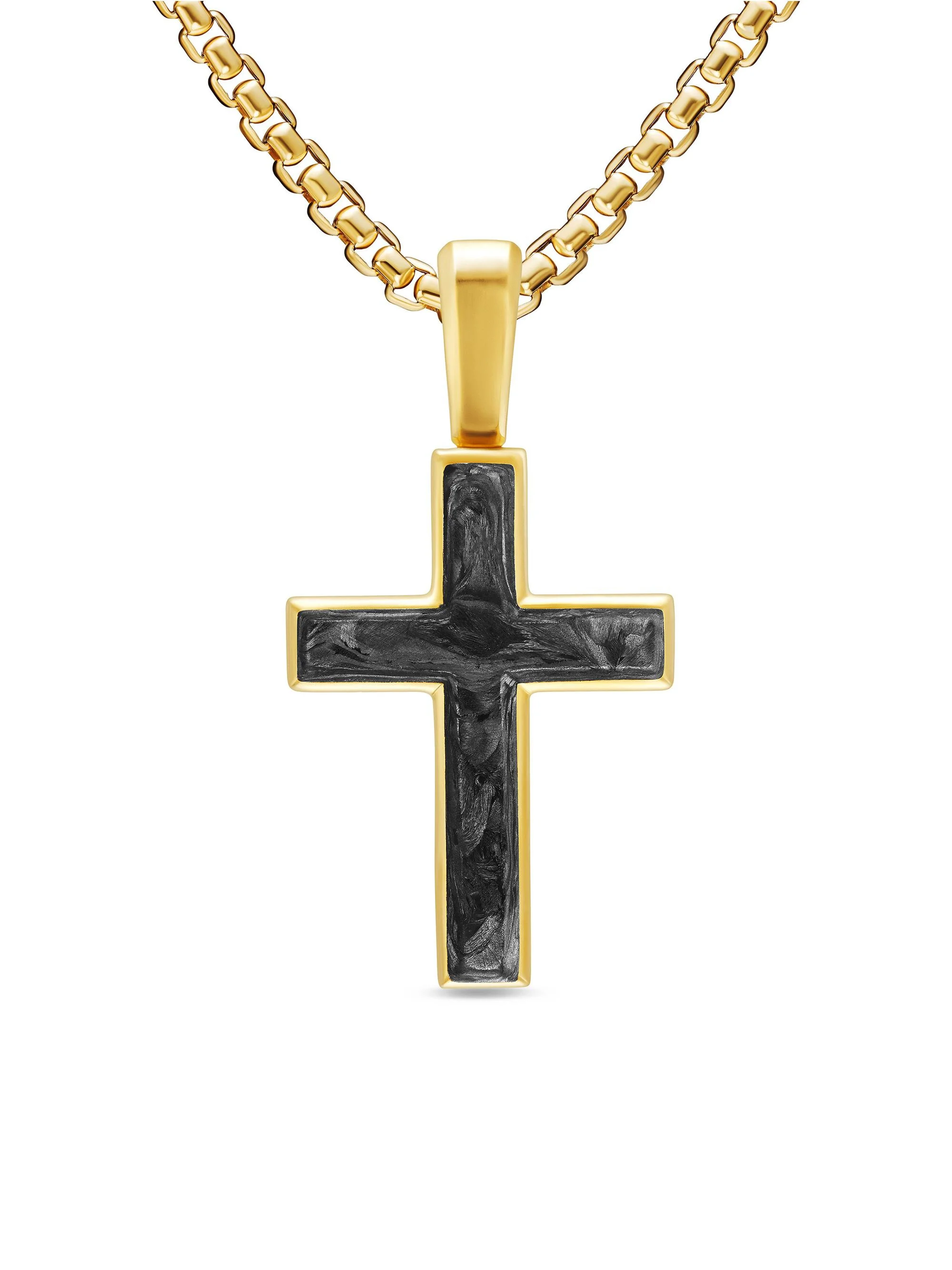 Men's Cross Amulet in 18K Yellow Gold with Forged Carbon, 24MM - Forged Carbon - 1