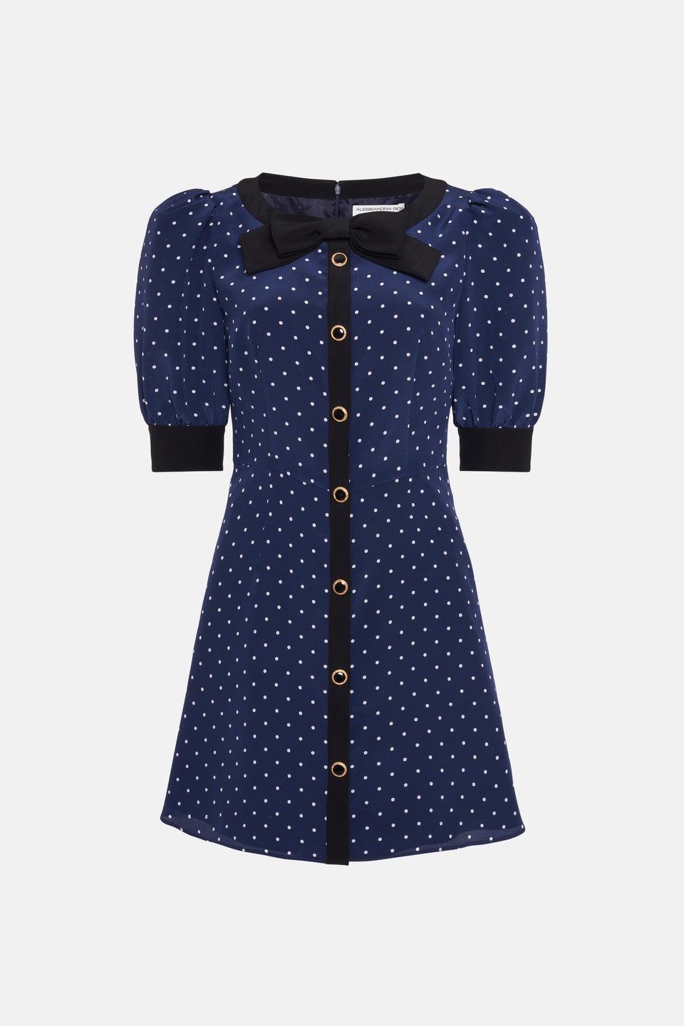 POLKA DOT PRINT SILK MINI DRESS W/JWL BUTTONS, BOW - 1