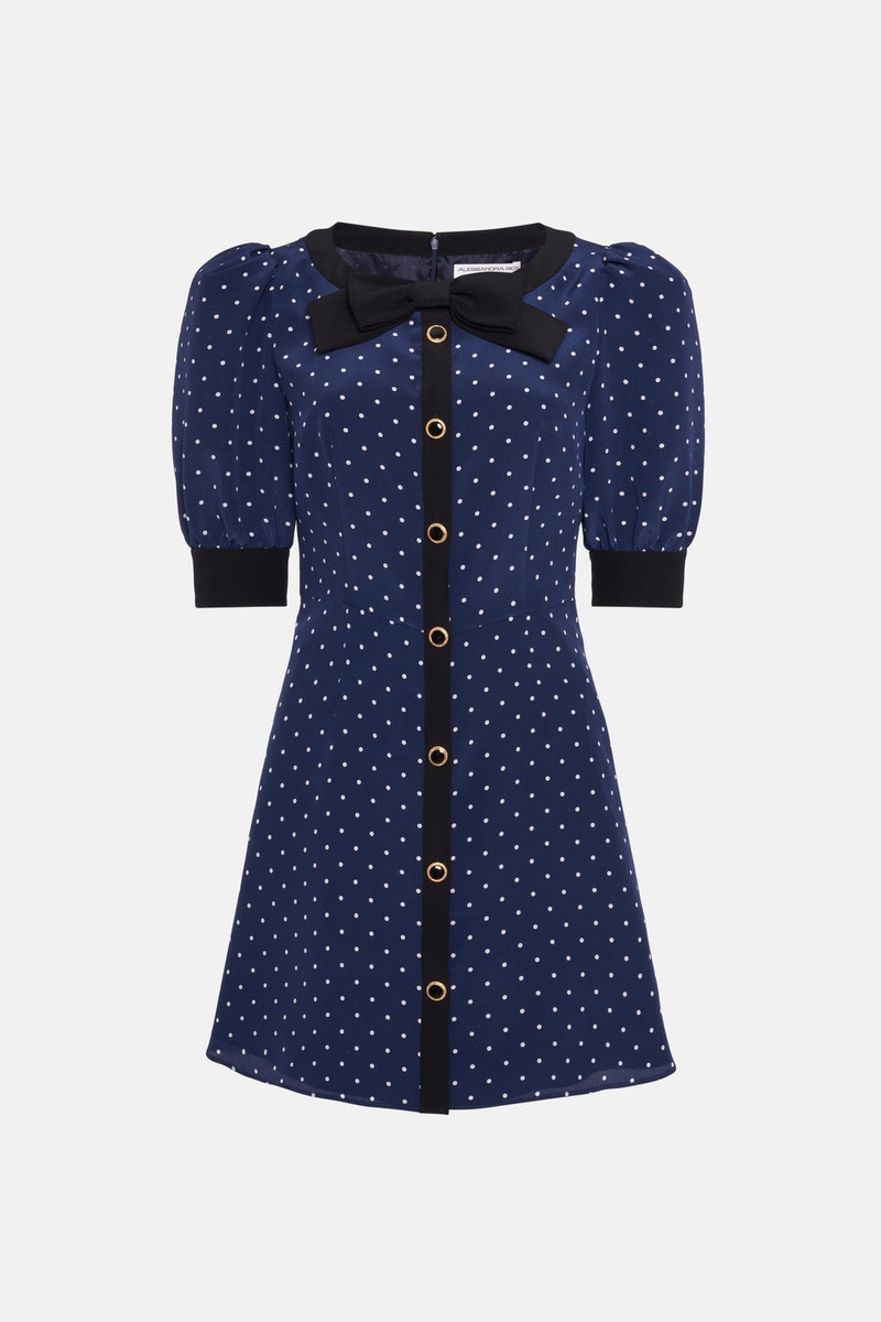 POLKA DOT PRINT SILK MINI DRESS W/JWL BUTTONS, BOW 1