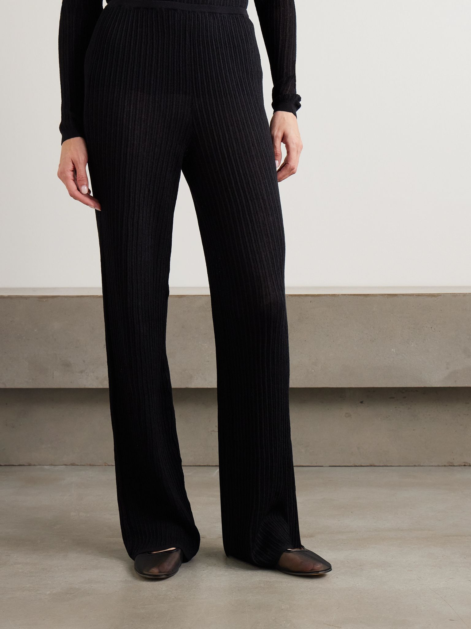 Ribbed-knit wide-leg pants - Onyx Black - 2