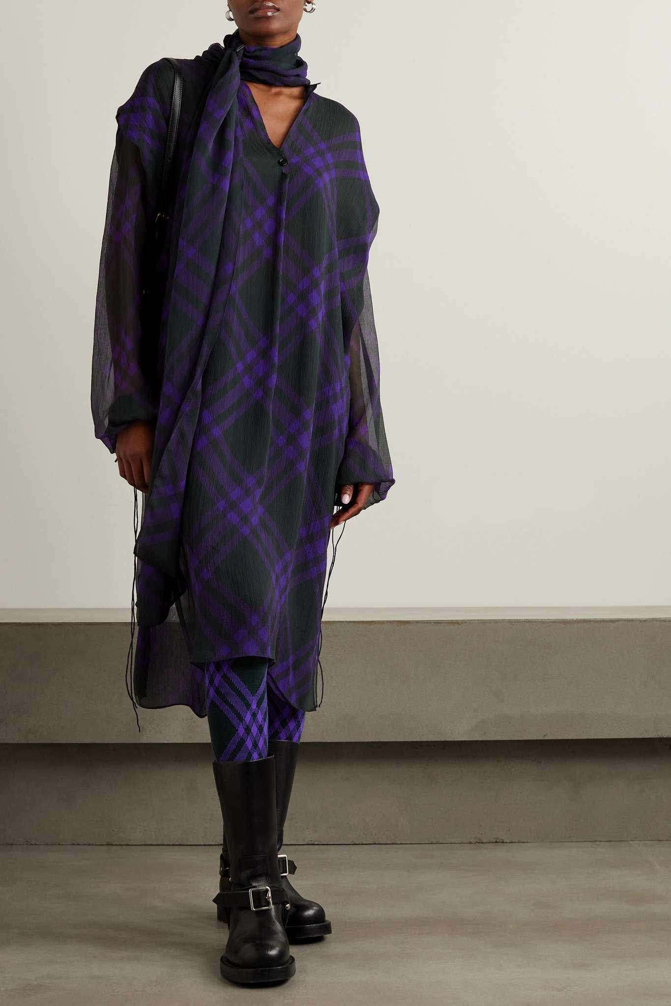 Draped checked silk-chiffon blouse - 2