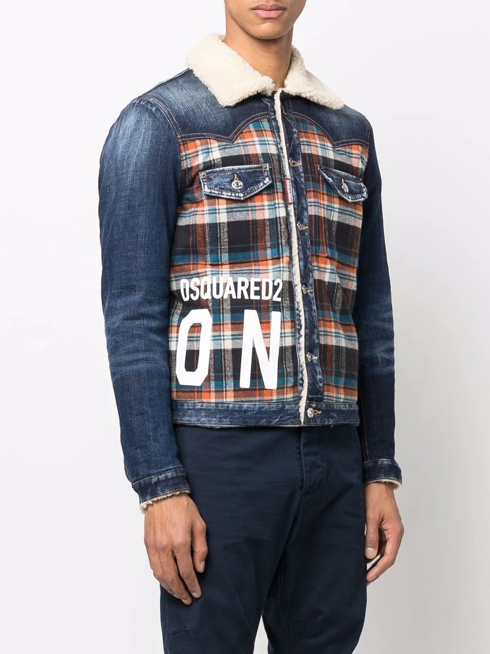 plaid-panelled denim jacket - 3