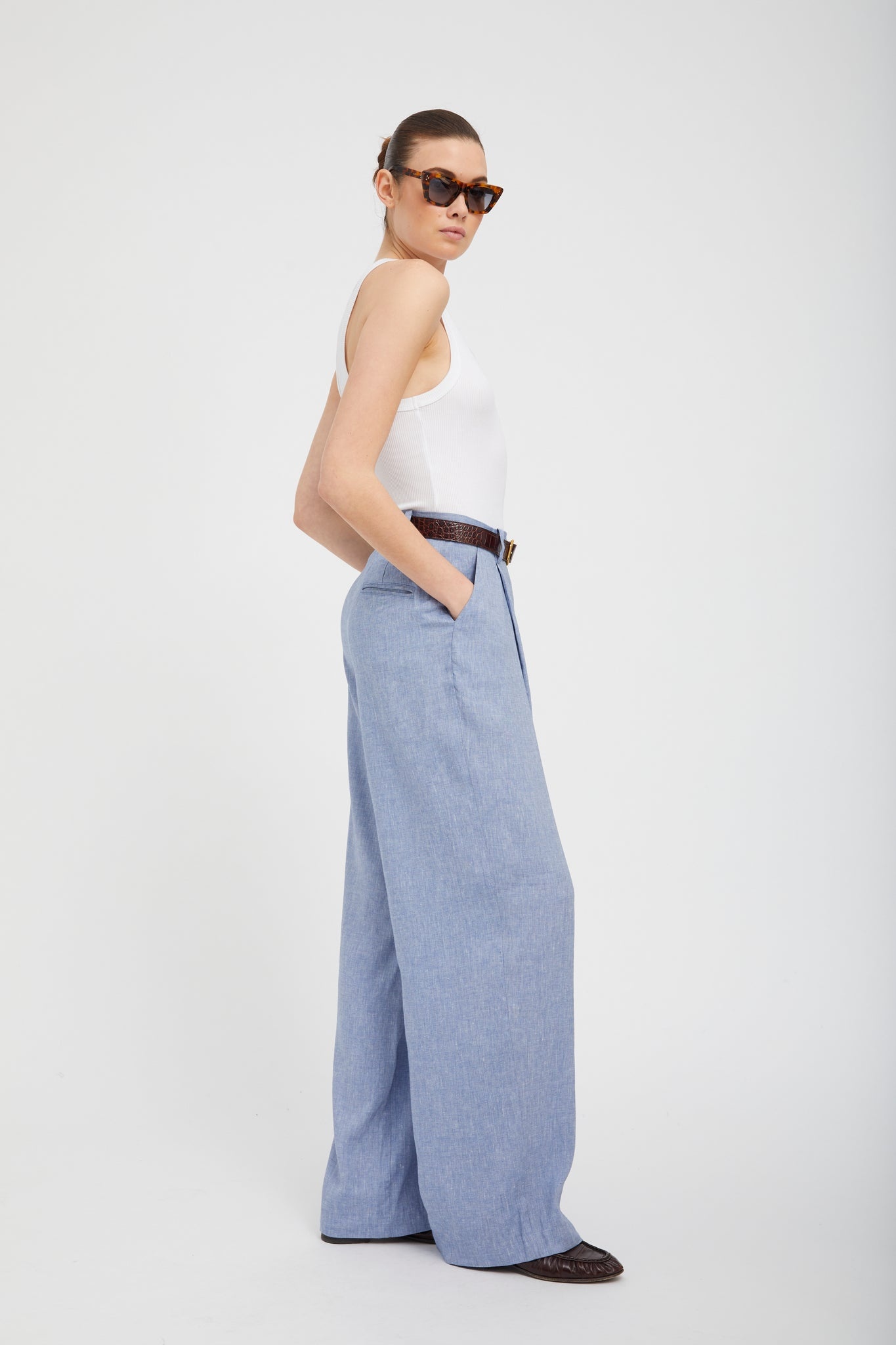 BLUE LINEN PALOMA PLEATED TROUSERS - 3