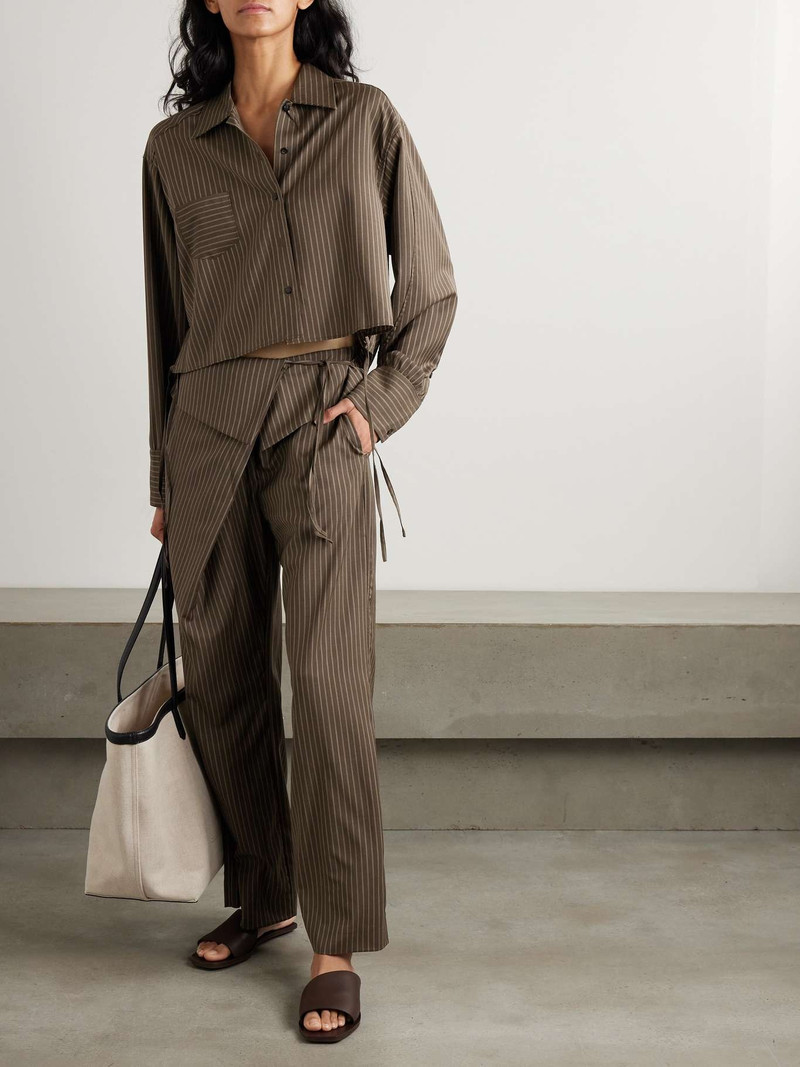 DEIJI STUDIOS Cropped tie-detailed pinstriped wool shirt Brown outlook