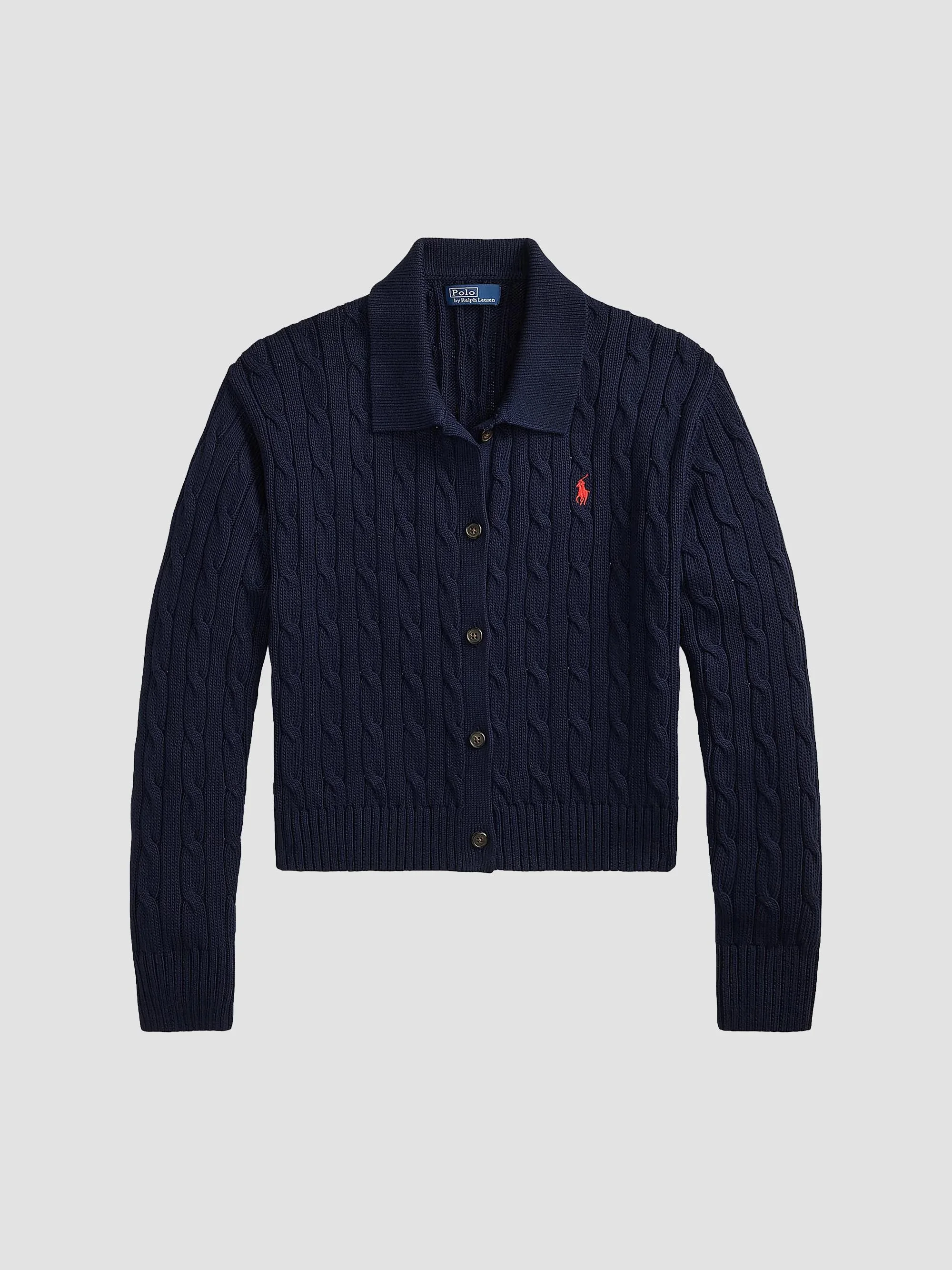 Women's Cable Cotton Polo-Collar Cardigan - Hunter Navy - 1