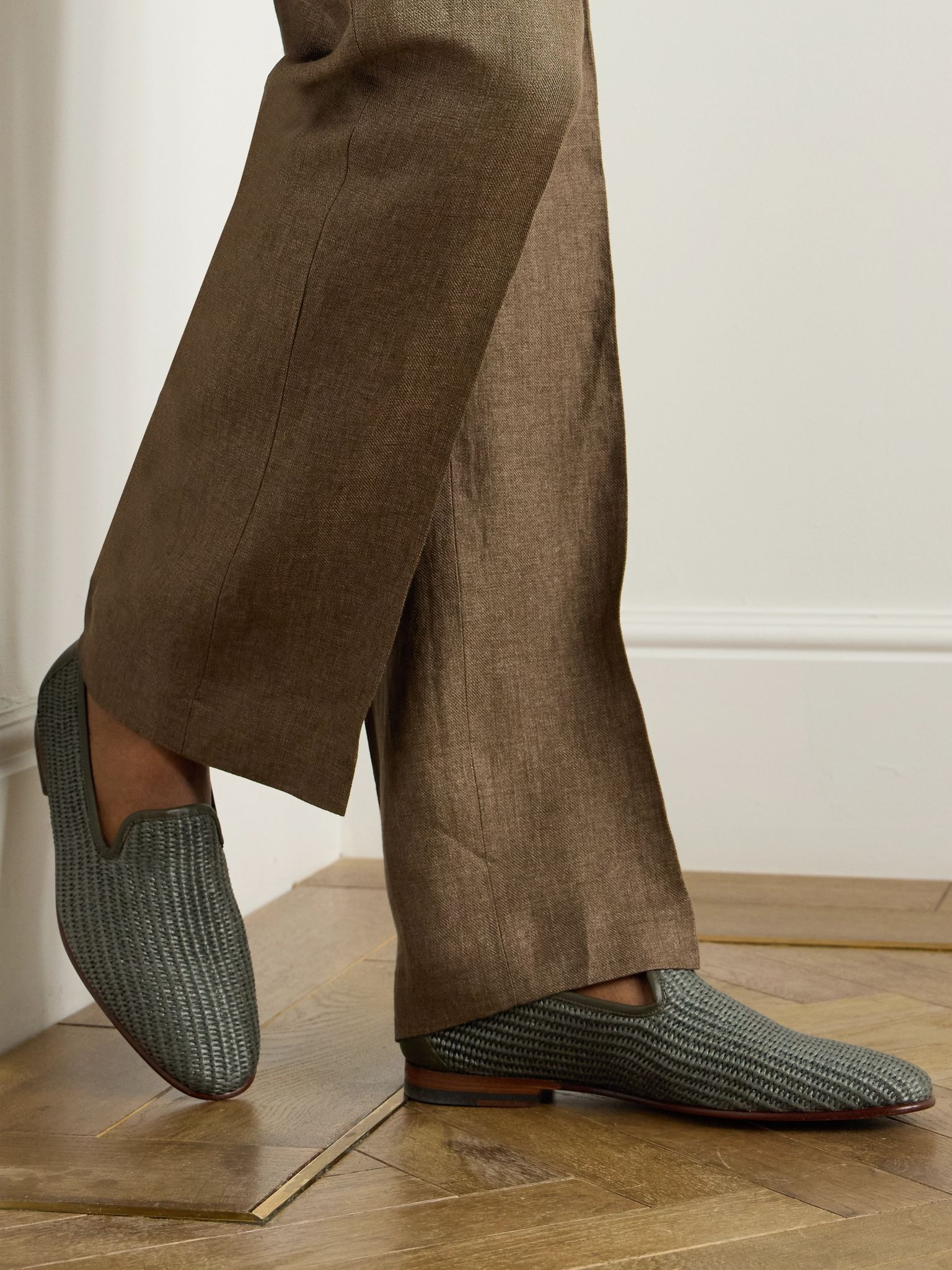 Mario Leather-Trimmed Raffia Loafers Dark green - 2