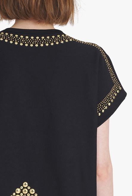 Cropped black eco-designed cotton T-shirt with embroidered gold-tone studs - 8