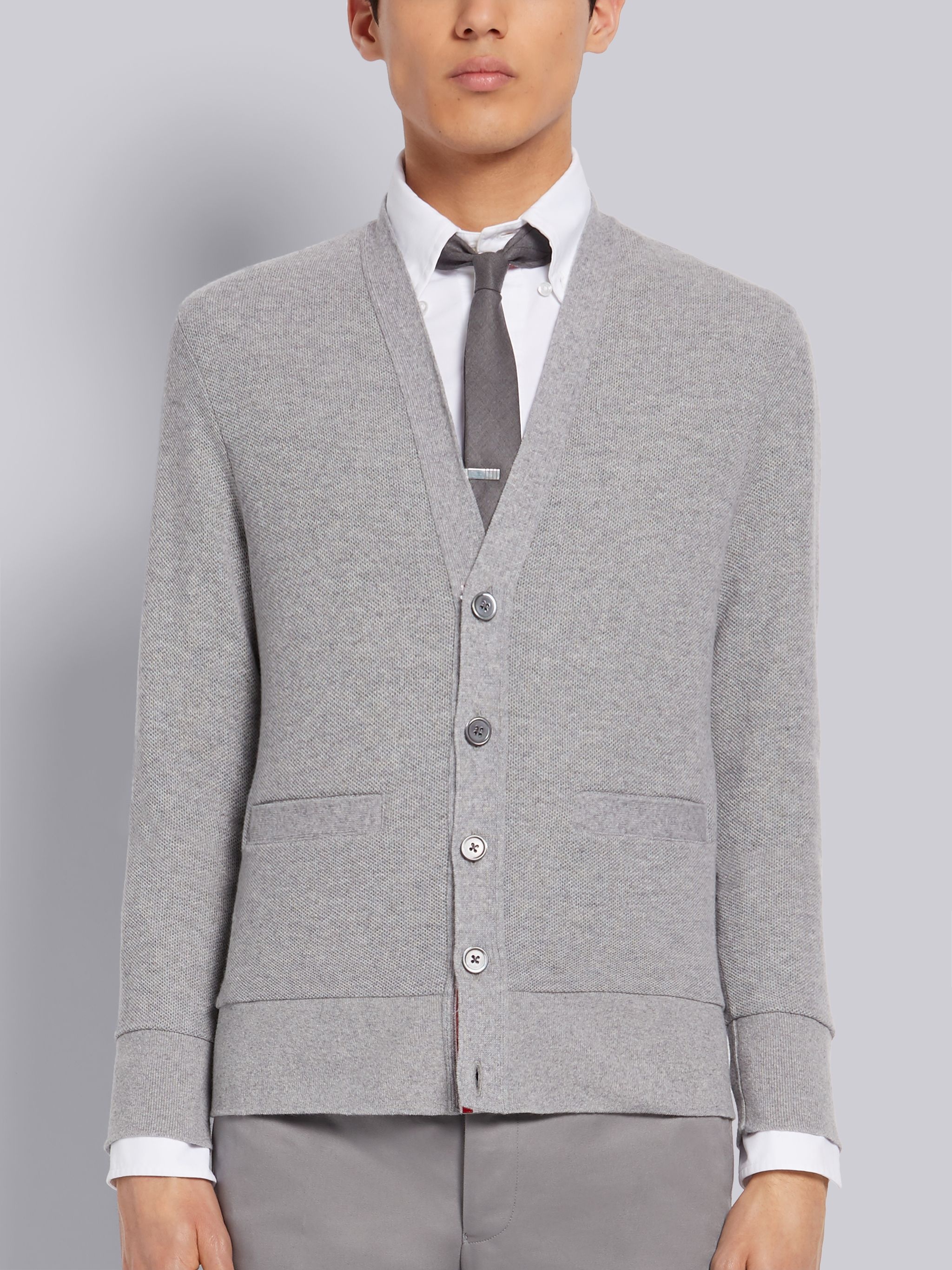 Light Grey Cashmere Pique V-Neck Cardigan - 1