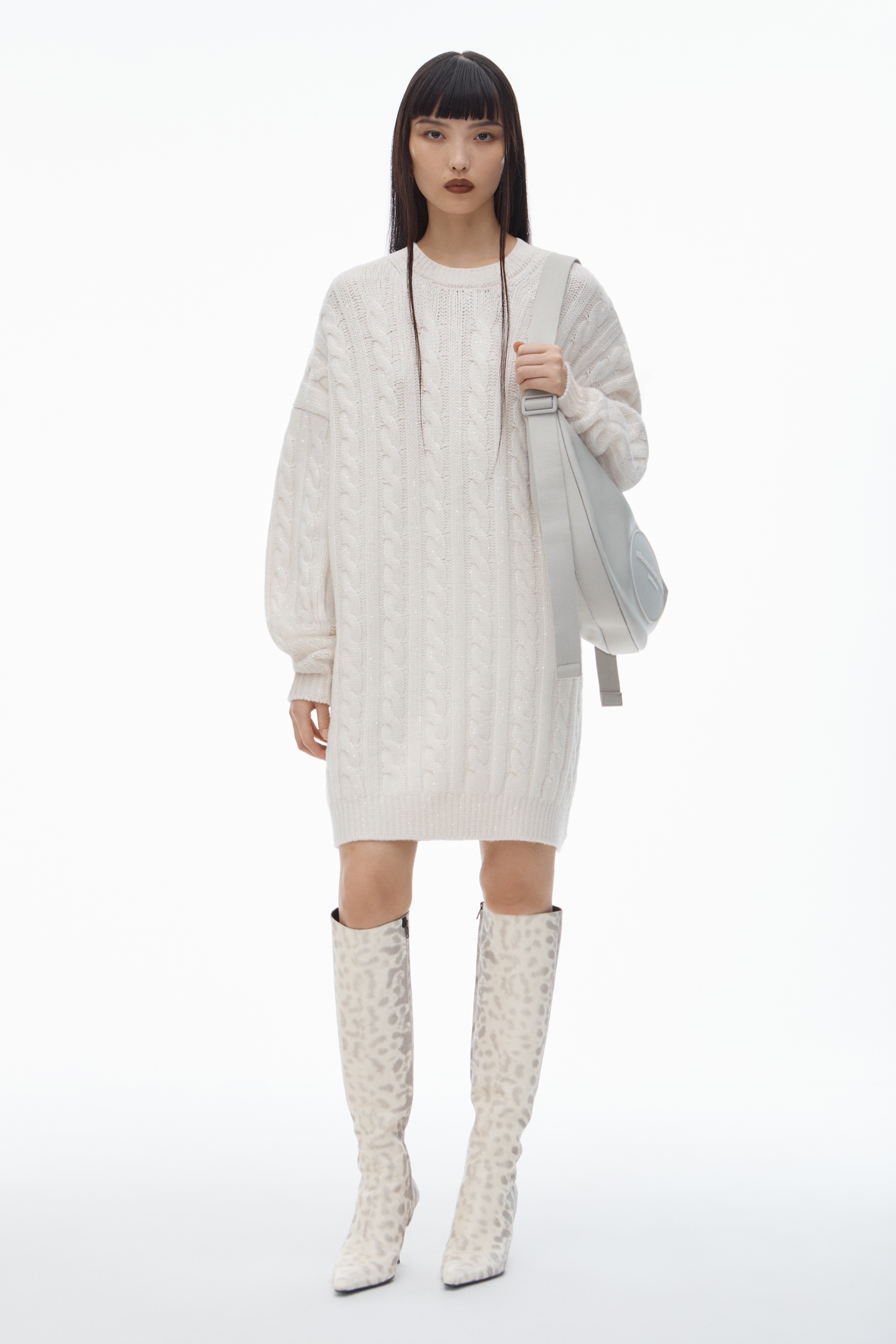 Clear Bead Hotfix Cable-Knit Cardigan in Boiled Wool - 2