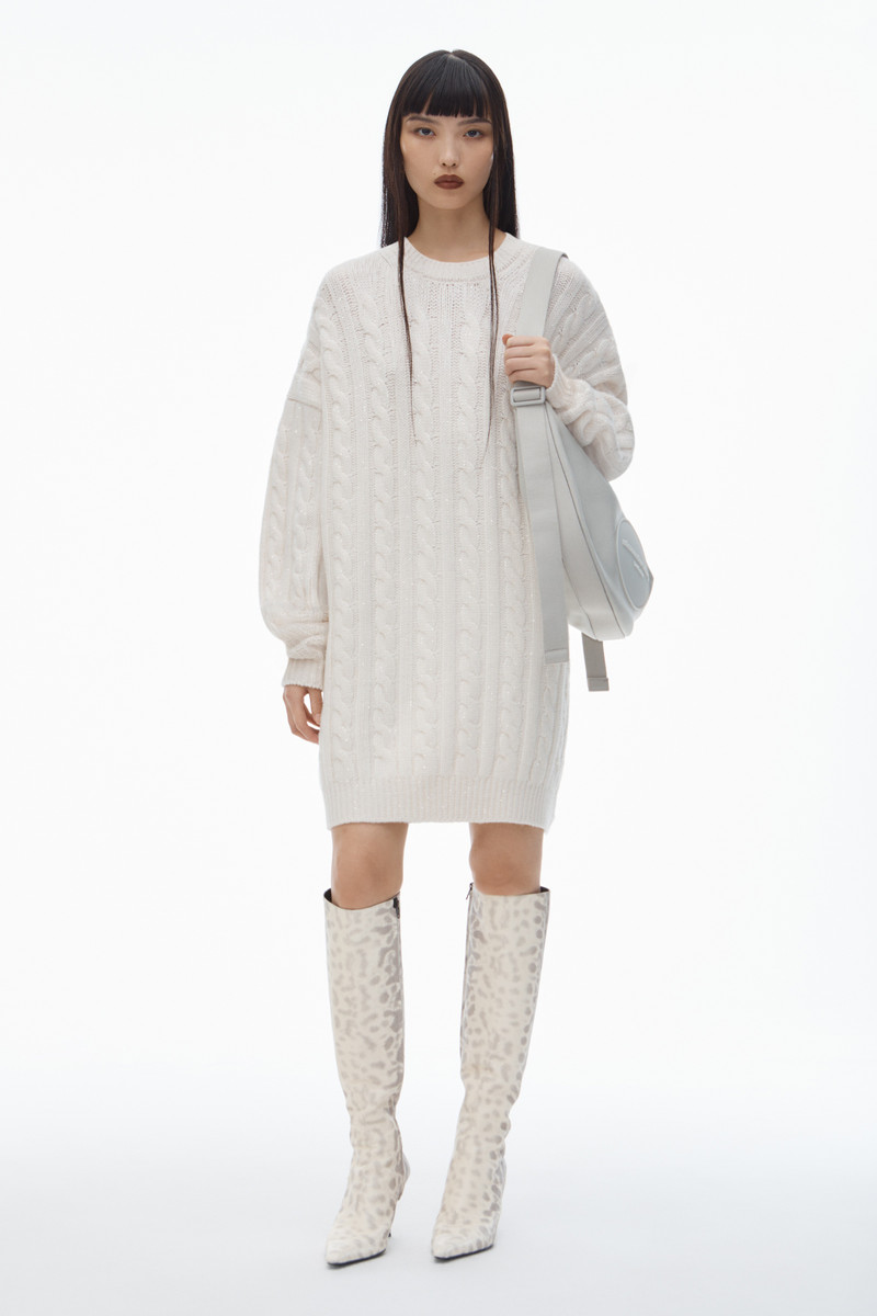 Alexander Wang Clear Bead Hotfix Cable-Knit Cardigan in Boiled Wool outlook