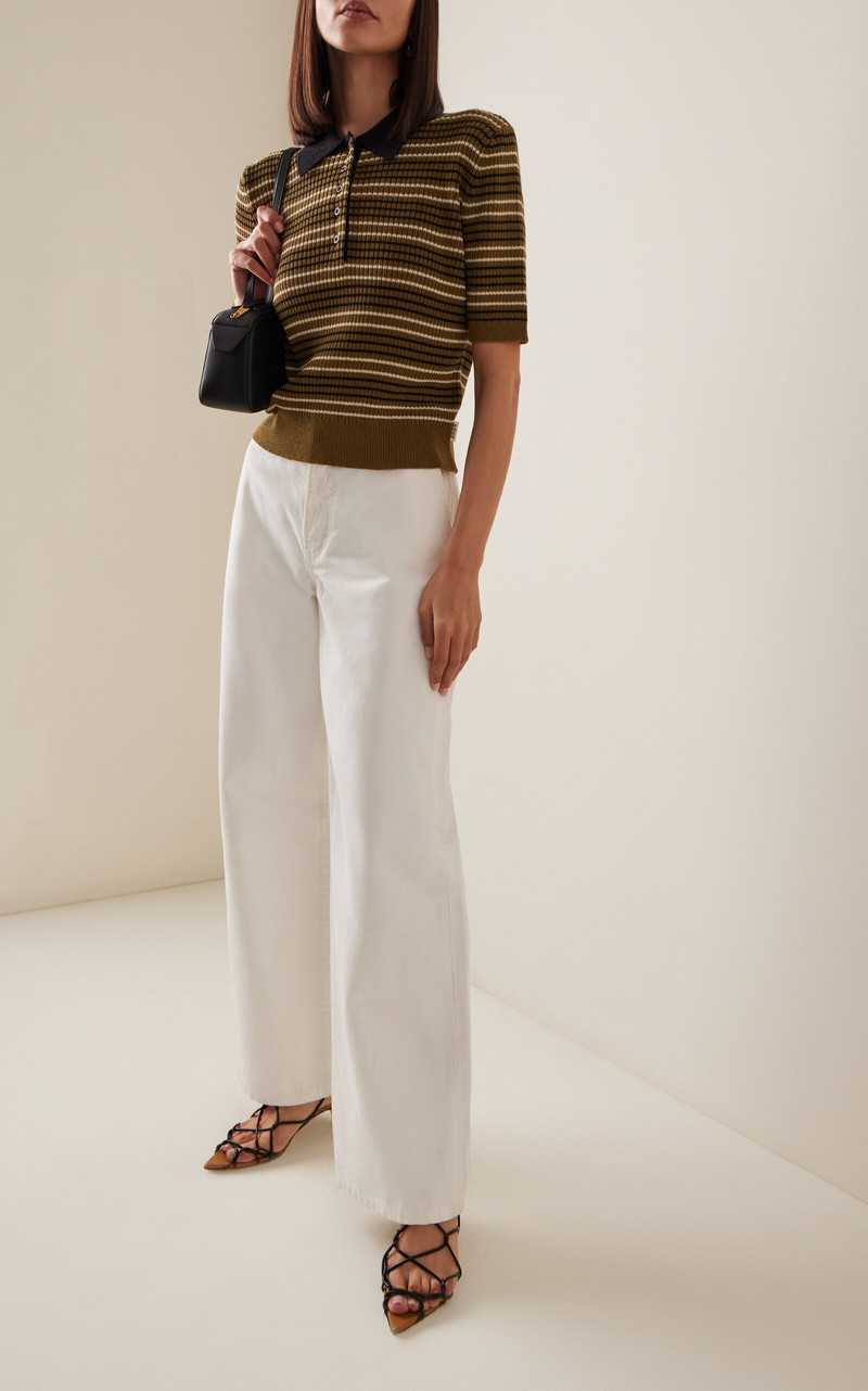 RÓHE Striped Knit Cotton-Blend Polo Shirt olive outlook