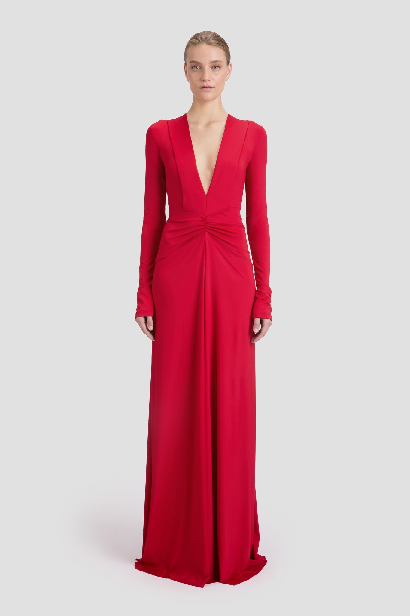 Long Sleeve Deep V-Neck Gown In Rose - 2