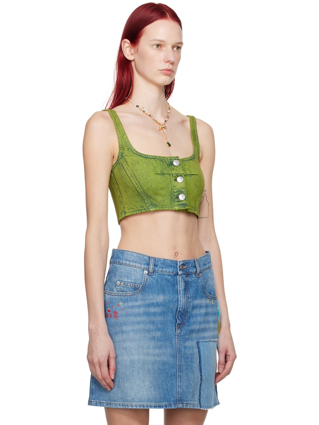 Green Paneled Denim Tank Top - 2