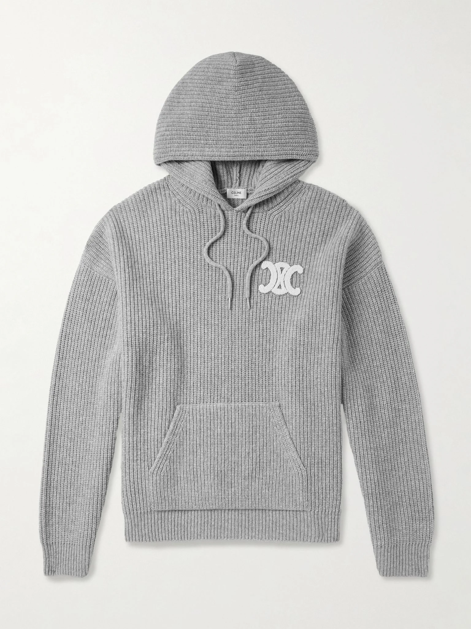 Logo-Appliquéd Ribbed Wool Hoodie Gray - 1