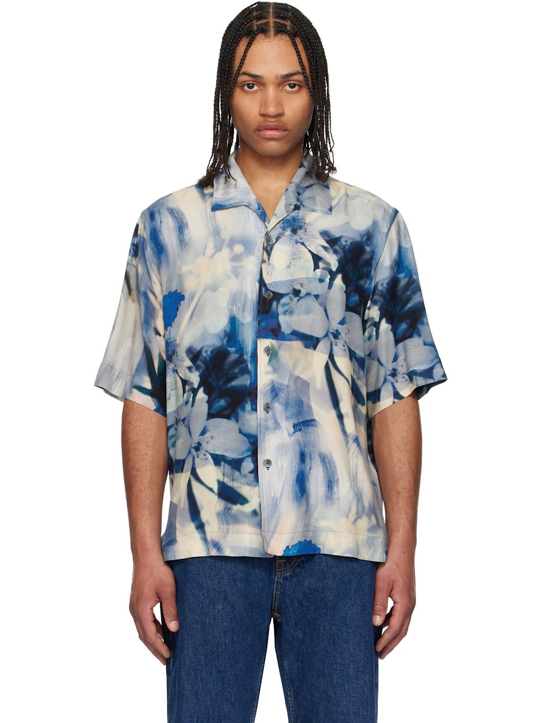 Blue Oversized Painted Photograph Viscose Shirt - 1