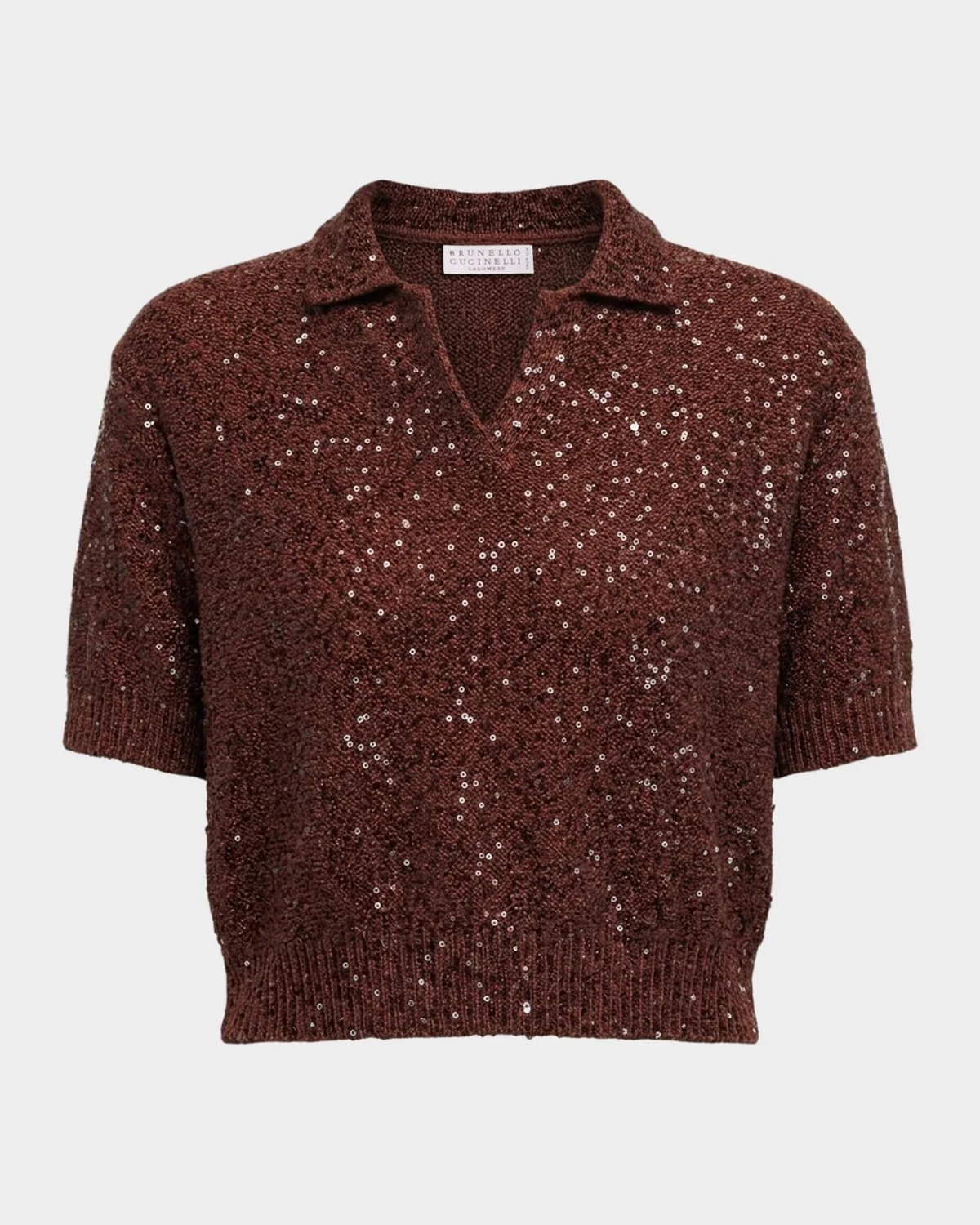 Paillette Linen-Cashmere Short-Sleeve Polo Sweater - 1