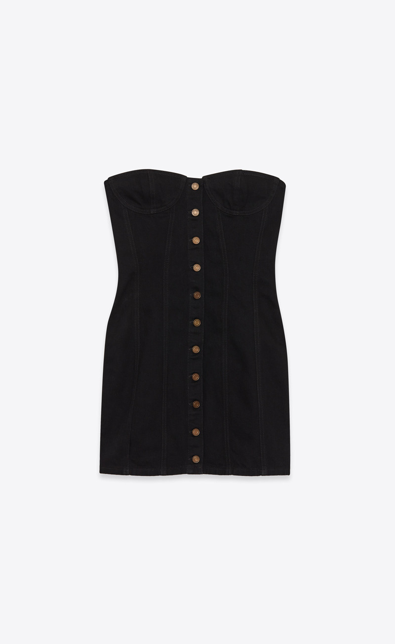 strapless dress in worn black denim - 1
