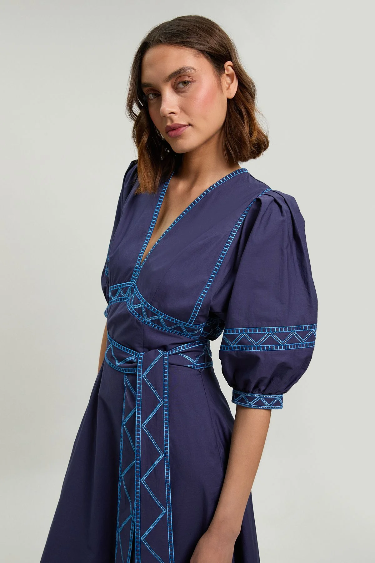 Embroidered Detail Belted Midi Dress - 1