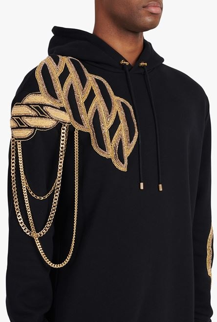 Black cotton sweatshirt with embroidered gold Balmain Paris logo - 6