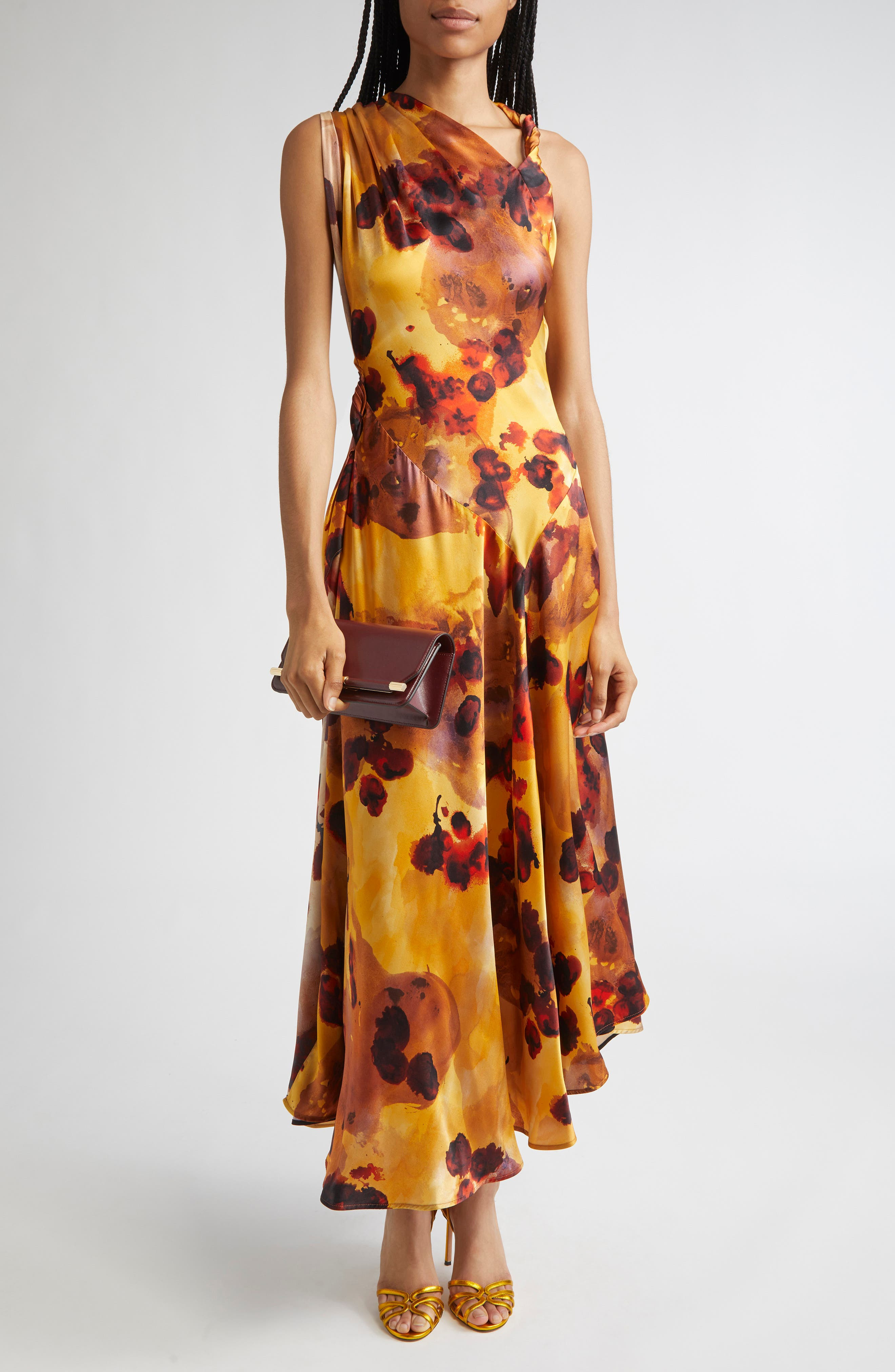 Victoria Beckham Abstract Floral Asymmetric Silk Midi Dress in Amber at Nordstrom - 1
