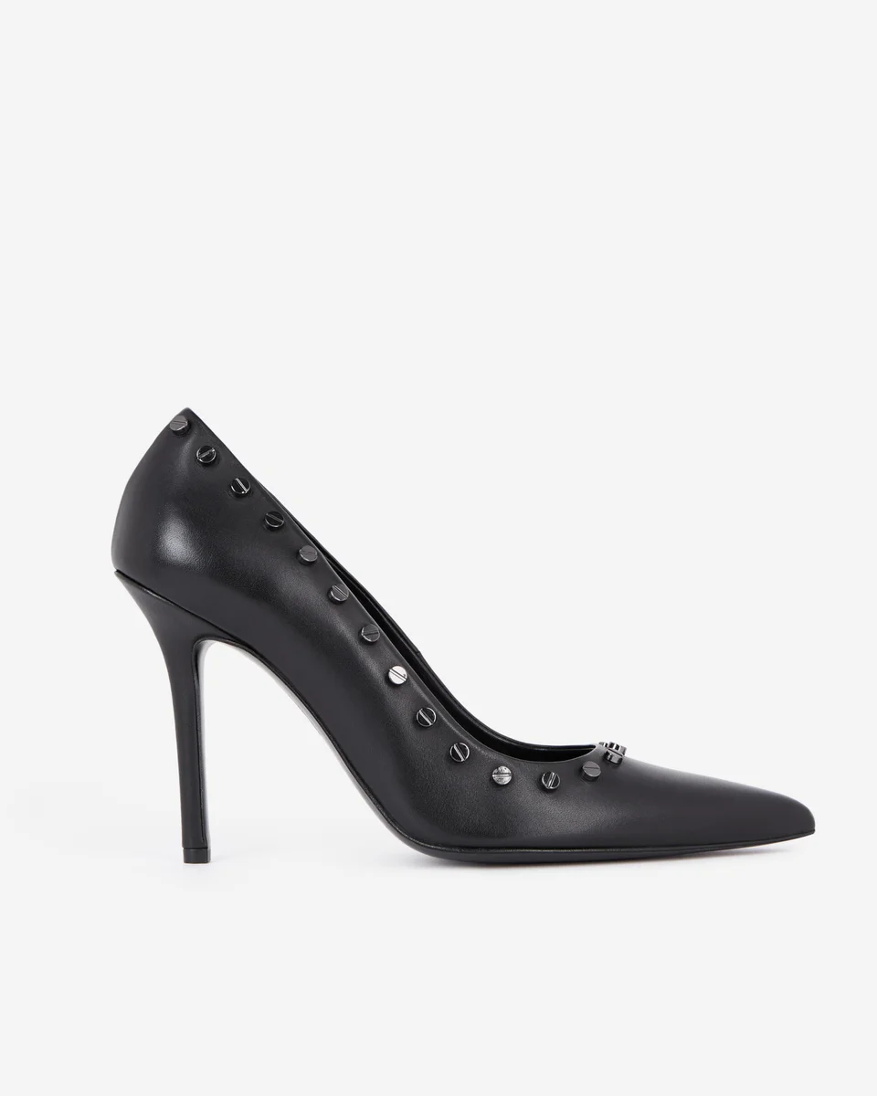 BLACK LEATHER STUDDED HEELED PUMPS - 1