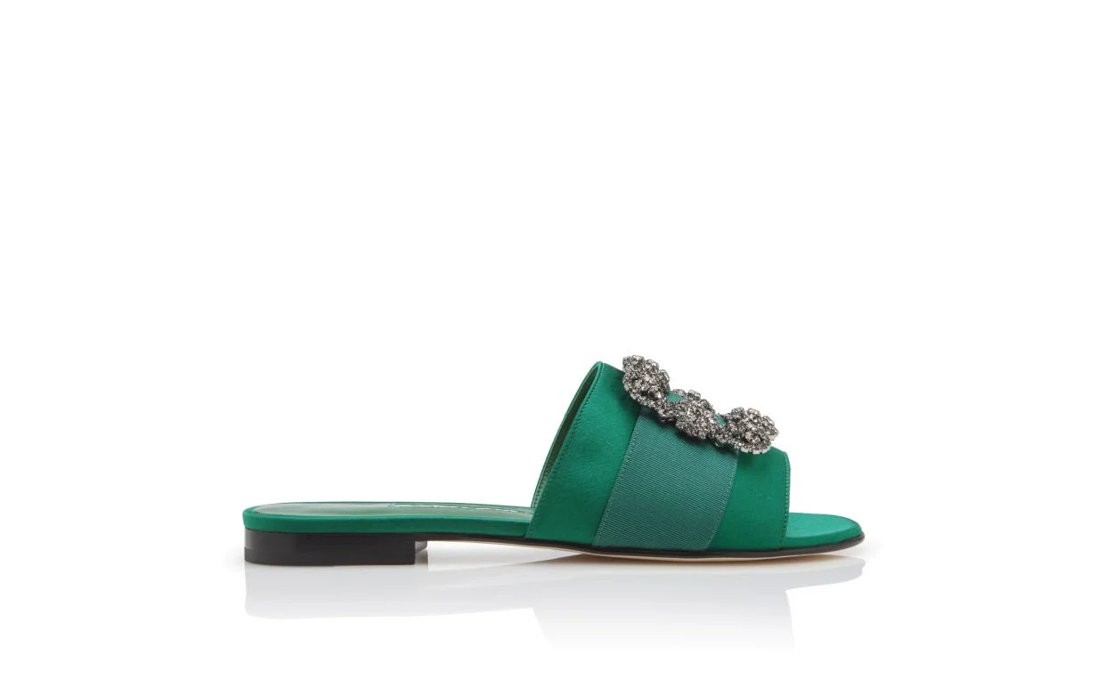 Emerald Green Satin Jewel Buckled Sliders - 1