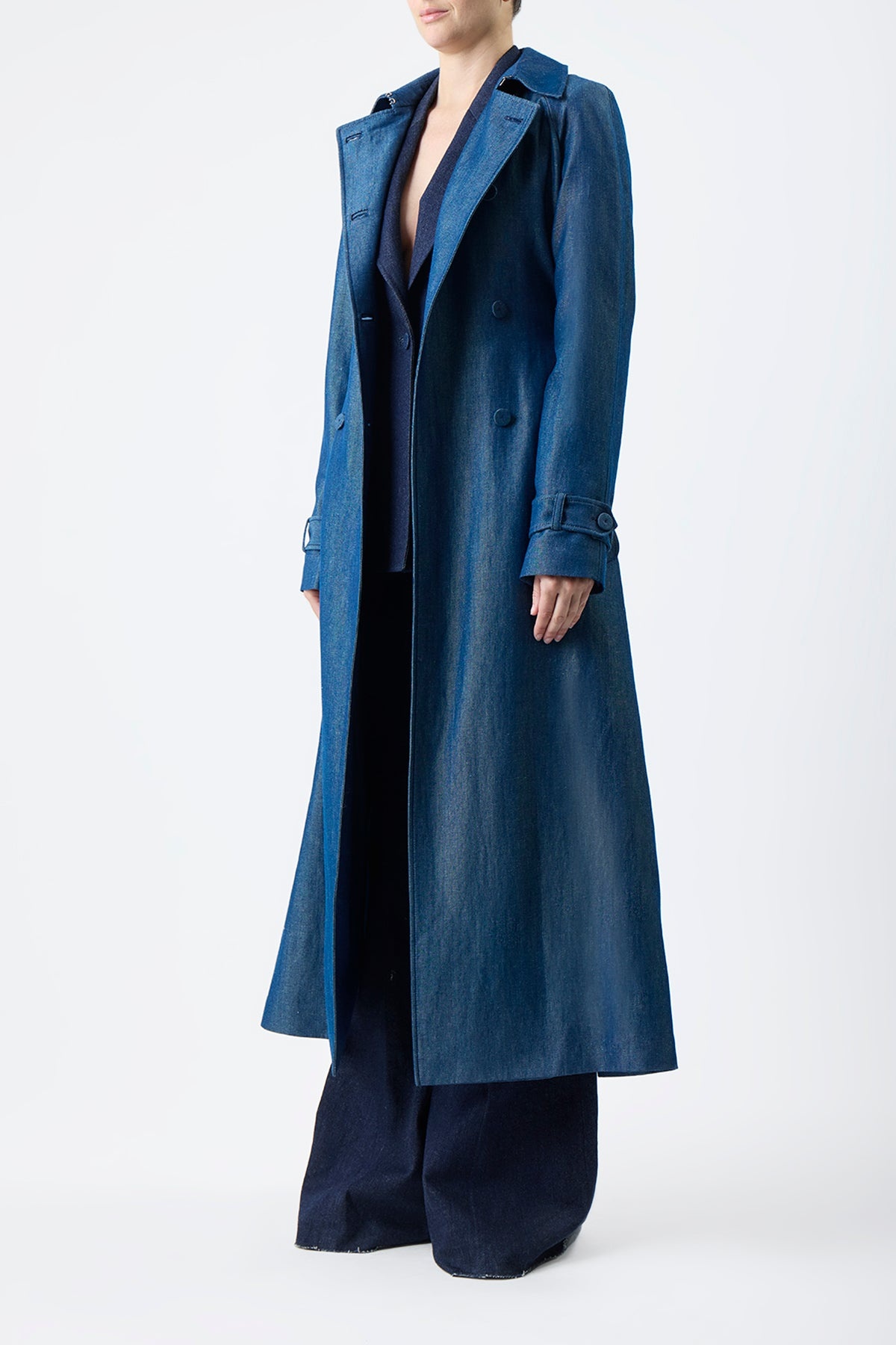 Braden Trench Coat in Deep Blue Wool Linen - 4