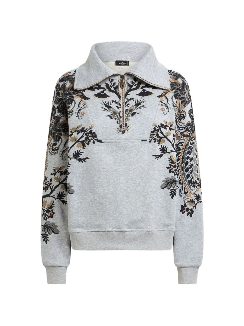 cotton sweatshirt with short-zip and placed Paisley and flower print - 1