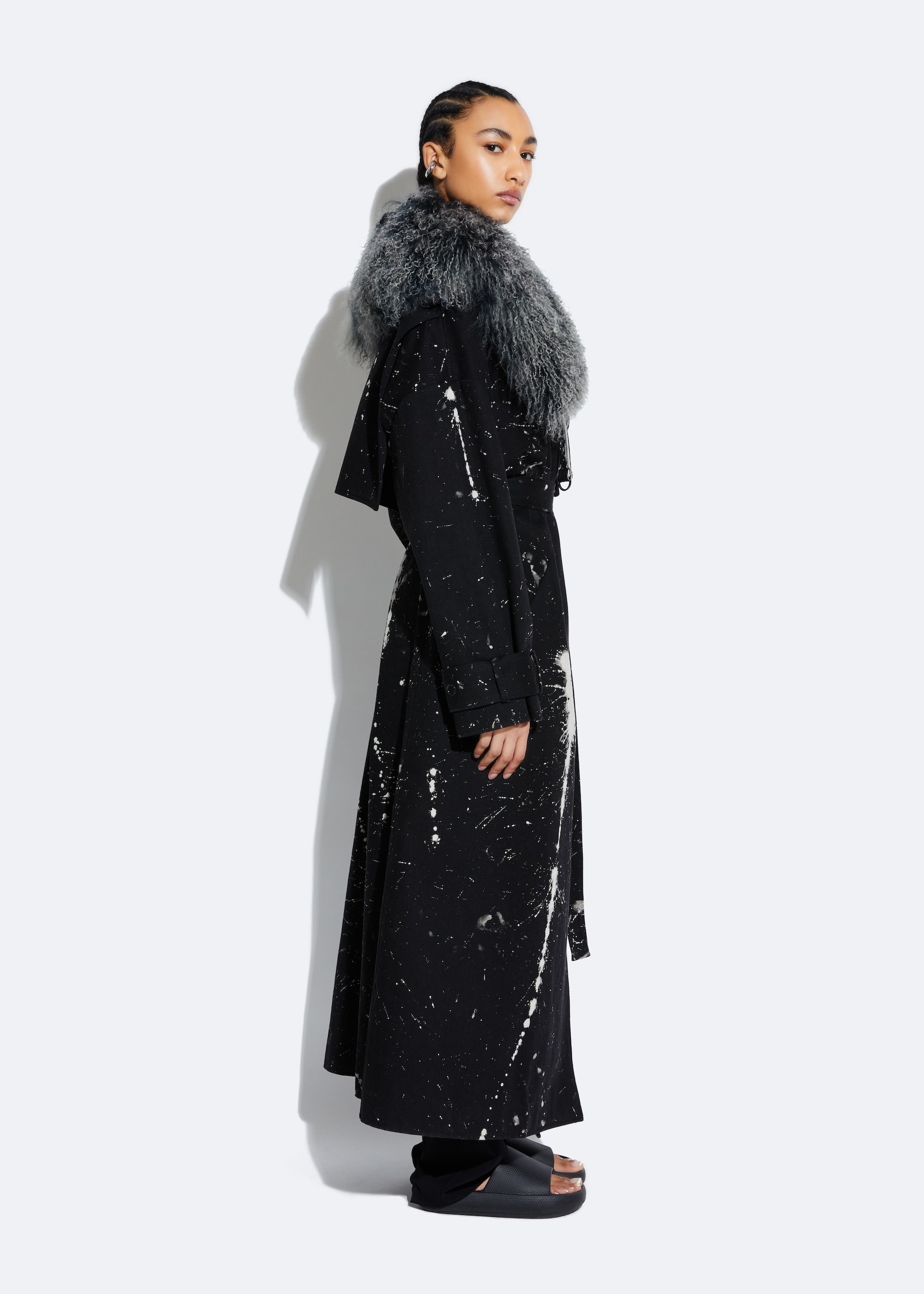 Bleached Denim Double Breasted Trench With Mongolian - 3