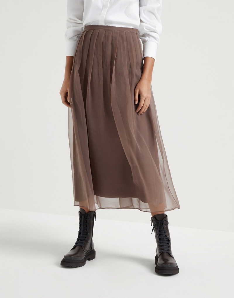 Crispy silk pleated midi skirt with shiny waistband 1