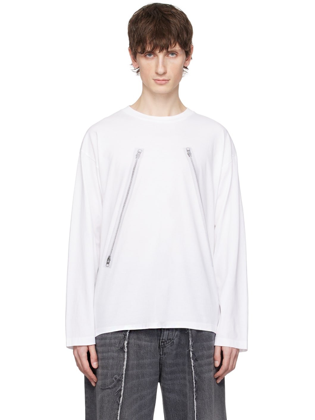 White Rasterised Zip Long Sleeve T-Shirt - 1