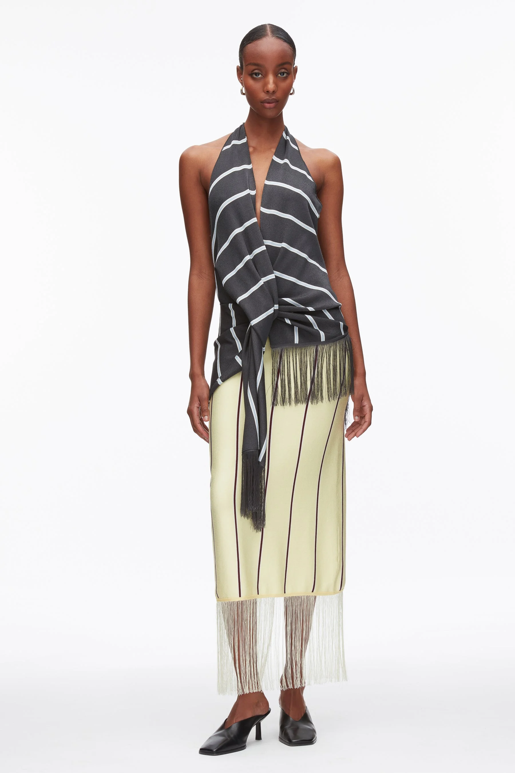 Draped Stripe Halter Top with Fringe - 1