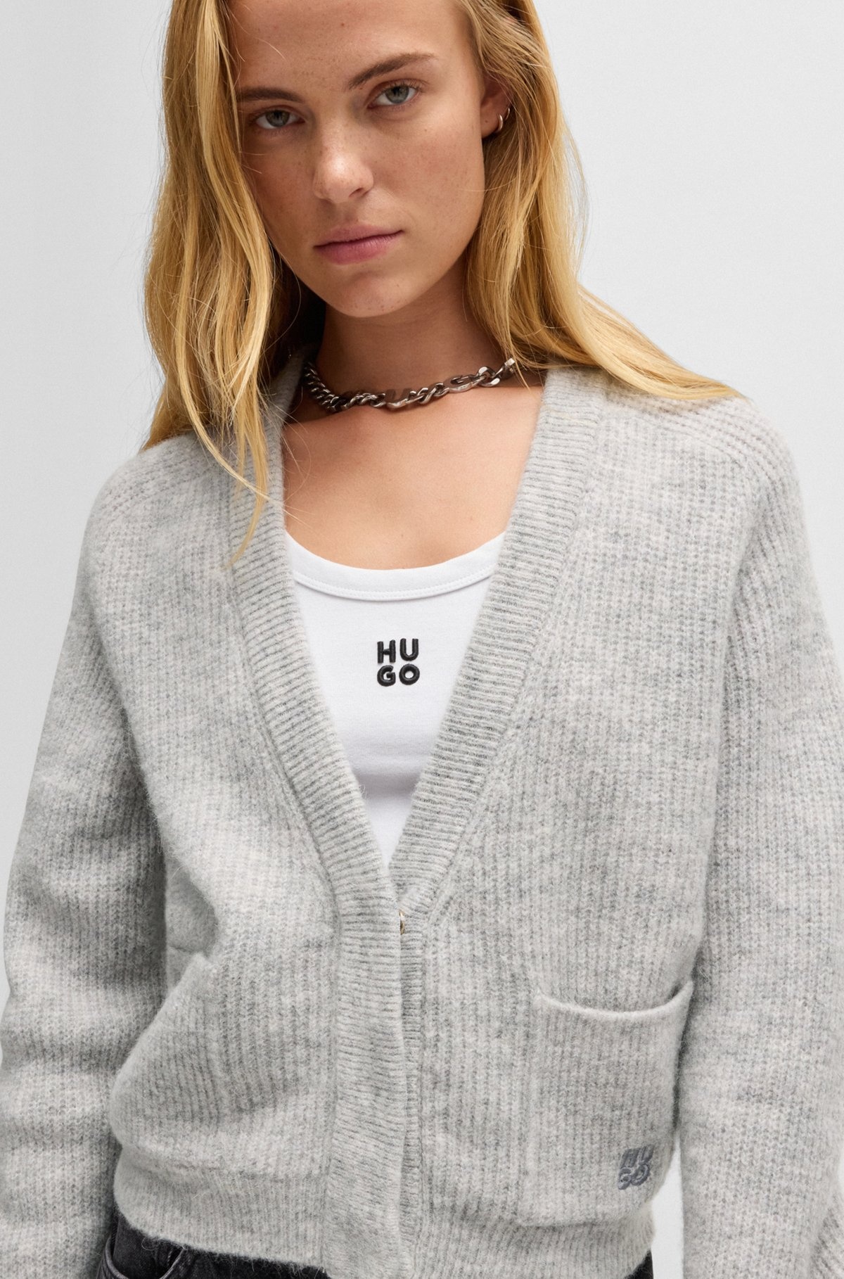 RELAXED-FIT V-NECK CARDIGAN WITH STACKED LOGO - 5