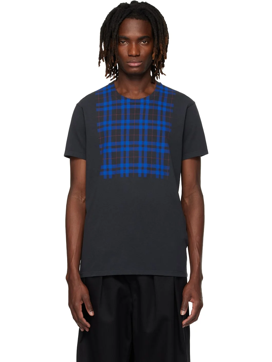 Gray Cotton Check Panel T-shirt - 1