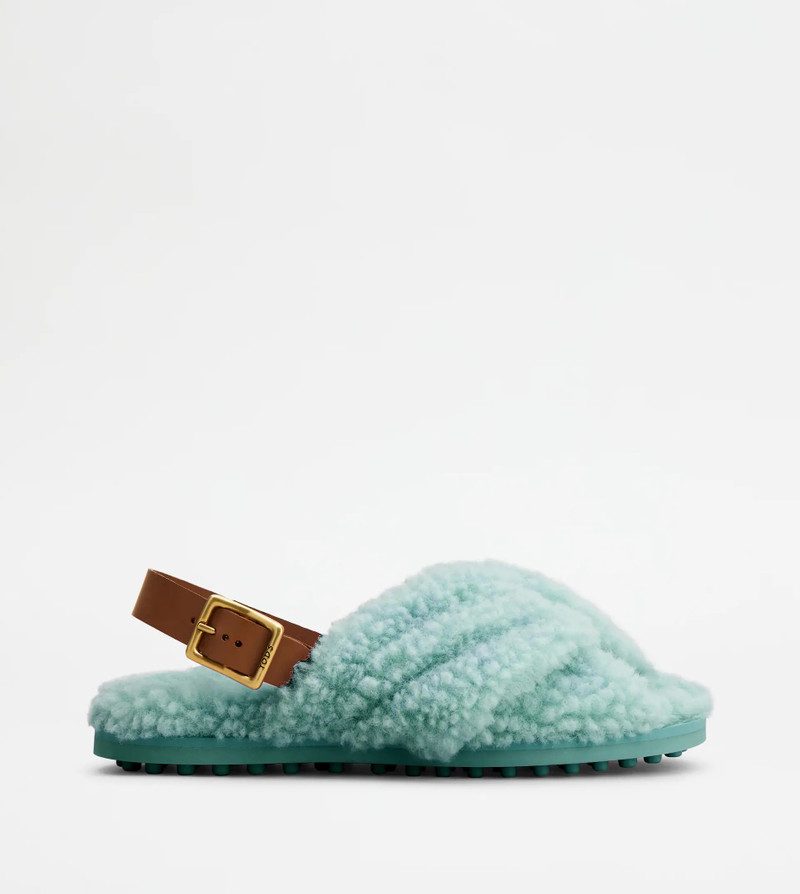 SANDALS IN LEATHER AND WOOL - LIGHT BLUE - 1