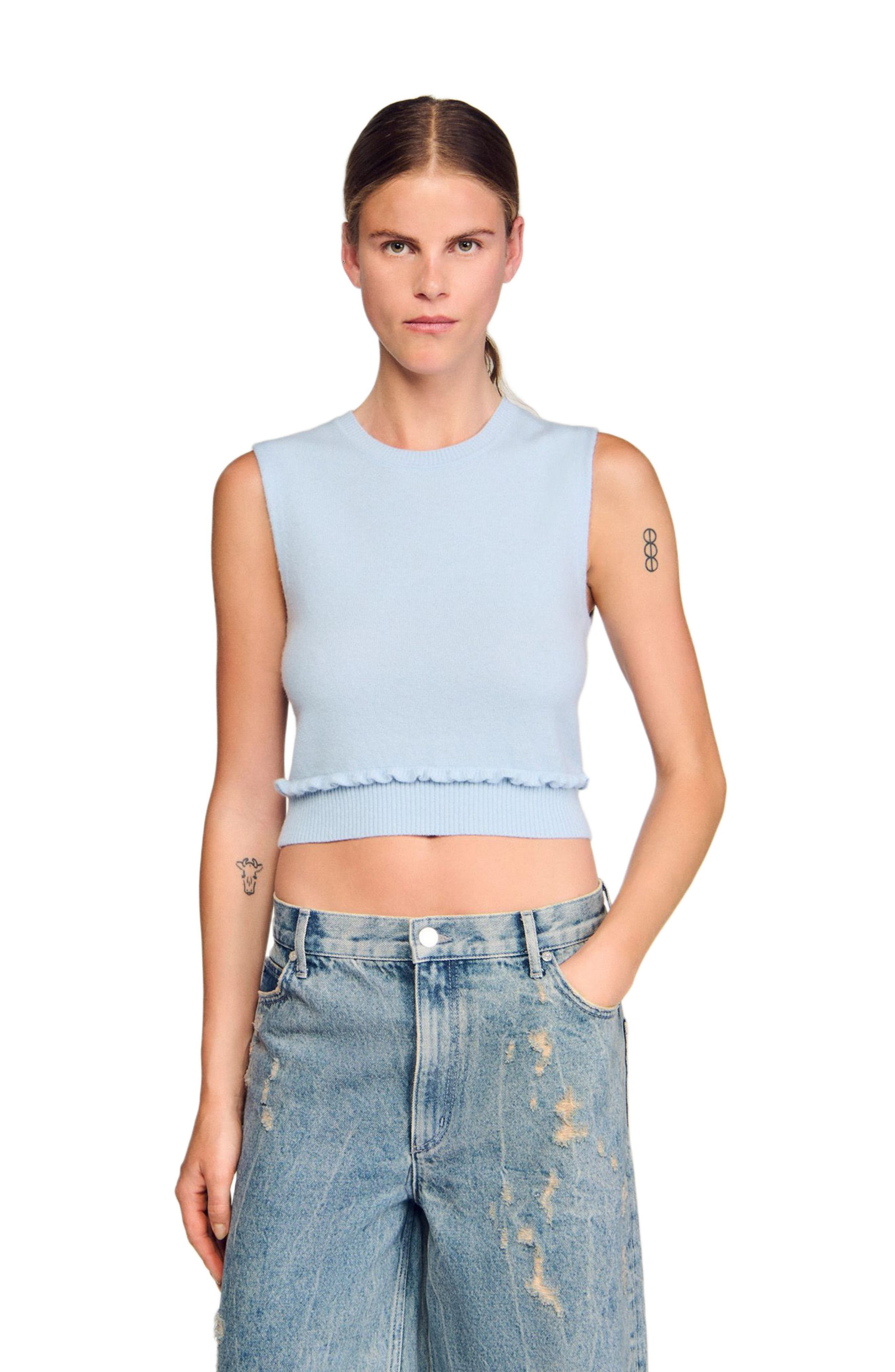 SANDRO Ruffled cropped sweater in Sky Blue at Nordstrom - 4