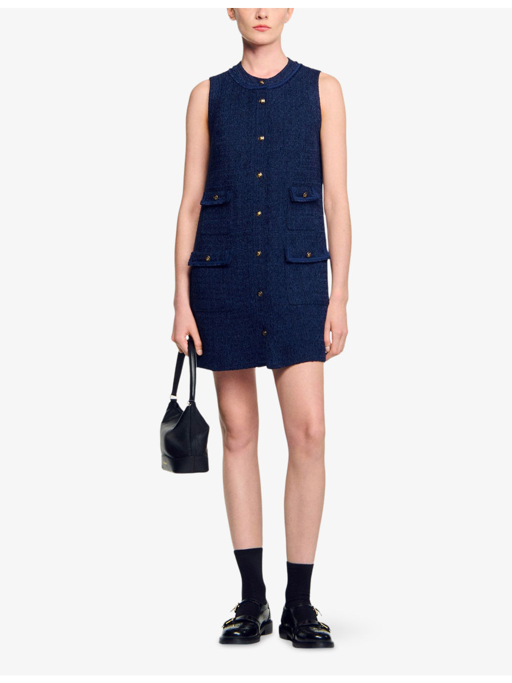 Flap-Pocket Sleeveless Tweed Mini Dress - 2